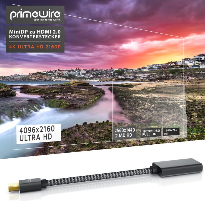 Produktbild Primewire 4K Mini Displayport zu Hdmi 2.0 Adapter, Mini DP Kabel, mDP Adapter, 4K@60Hz, Thunderbolt (0.15 m, HDMI)