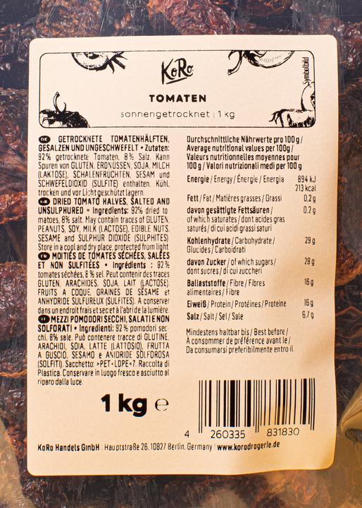 Nutritional values and ingredients KoRo Dried tomato halves, salted and unsulphurised (1000 g)