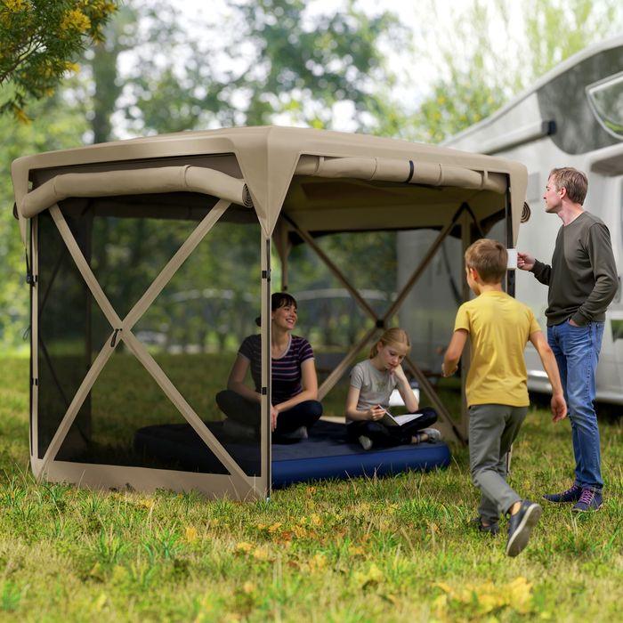 Immagine prodotto Swisshandel24 Faltpavillon sechseckig ca. 3,5x3m mit abnehmbaren Dach Wasserdicht, Khaki (345 cm, 300 cm)