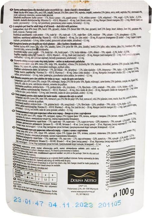 Valeurs nutritives et ingrédients Dolina noteci 5900842014737 Nourriture en boîte pour chiens canard adulte 100 g (Adulte, 1 pcs, 100 g)