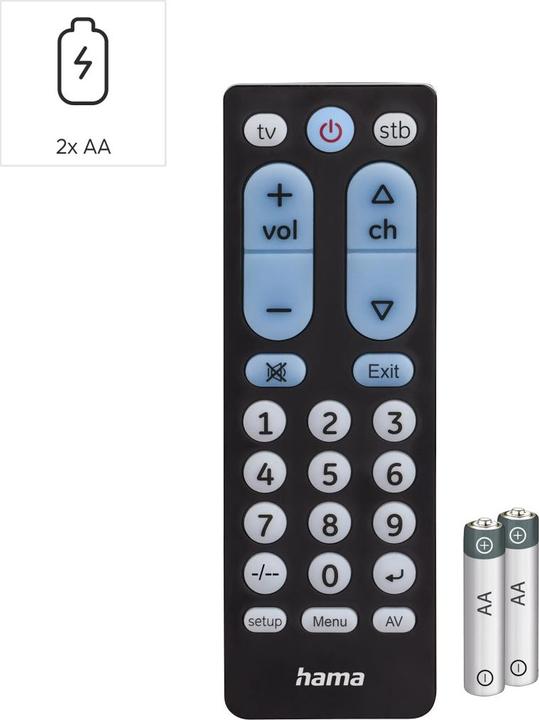 Image du produit Hama Télécommande universelle TV, infrarouge, pour 2 appareils, grosses touches, programmable (Télécommande universelle, Infrarouge)