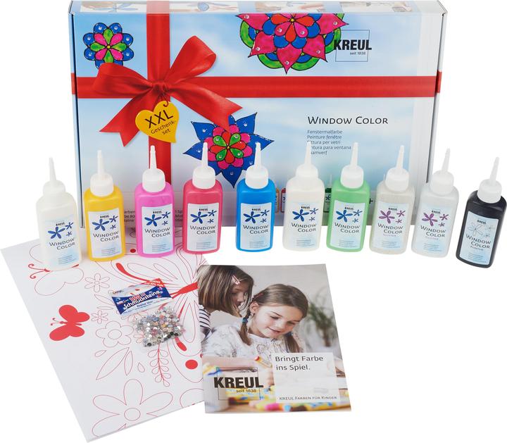 Produktbild Kreul Window Color XXL (Glitzer-Silber, Rehbraun, Royalblau, Pink, Rubinrot, Goldgelb, Schneeweiss, Glitzer-Gold, Mairün, Schwarz, 800 ml)