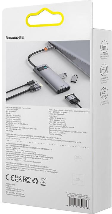 Image du produit Baseus Metal Gleam Series 6-in-1 Multifunctional Type-C HUB Docking Station Gray Type-C to HDMI*1+USB3.0*3 (USB-C, 6 Ports)