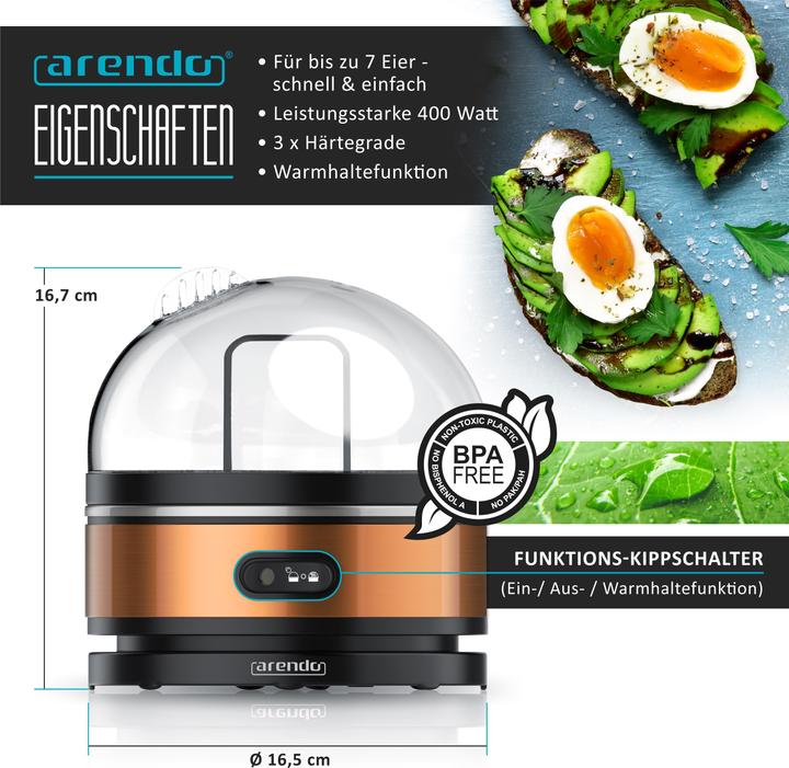Actual product image Arendo Egg boiler, 7-fold, stainless steel, keep warm function, hardness adjustable, for 7 eggs