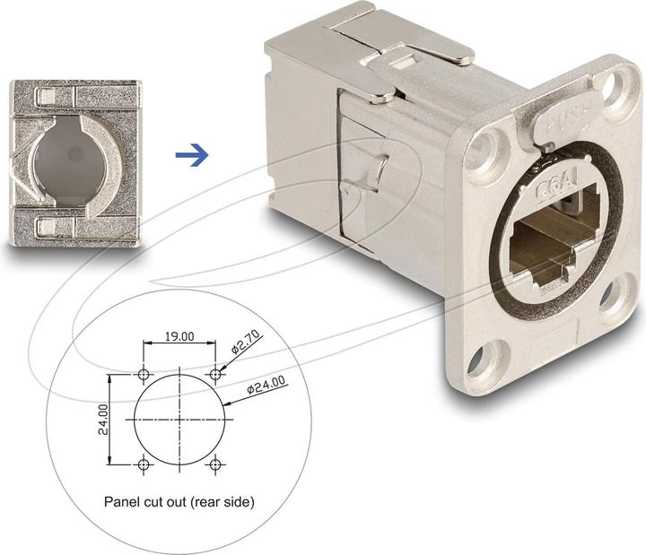Actual product image Delock D-type RJ45 panel jack with LSA connection Cat.6A STP metal