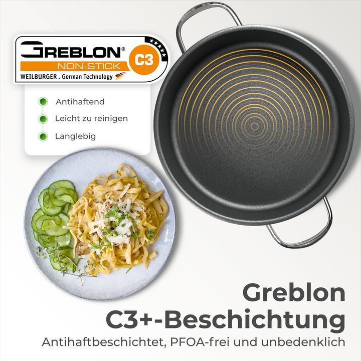 Produktbild KLAMER 28cm Induktion Servierpfanne, Antihaft, Backofenfest, inkl. Deckel (28 cm, Pfannenset + Topfset, Edelstahl)