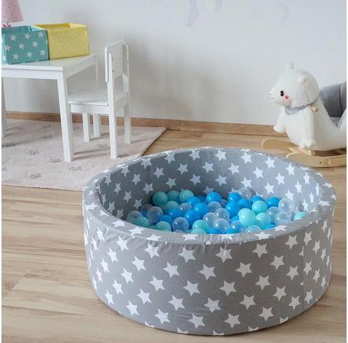 Produktbild Knorrtoys Bällebad soft - "Grey white stars" - 300 balls soft blue/blue/transparent (ca. 6cm Durchmesser)