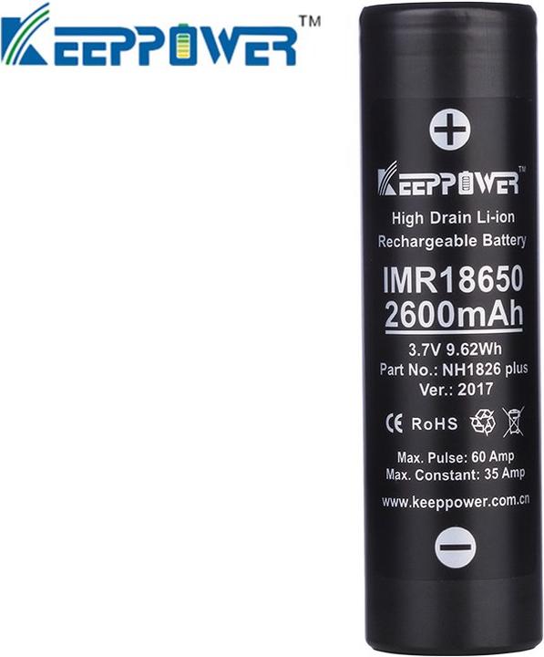Actual product image Keeppower Battery IMR18650 Plus (US18650VTC5A) (Flat Top) incl. battery protection box (1 pcs., 18650, 2600 mAh)
