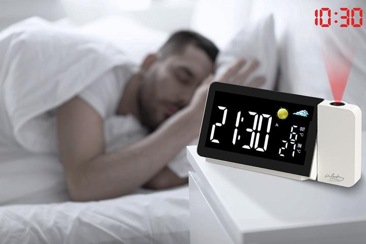 Image du produit Infactory Station météo sans fil avec réveil par projection, capteur extérieur, port USB, blanc