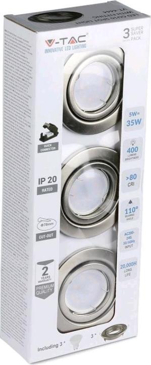 V-TAC VT4444 Faretto a Led 5W GU10 Presa Satinata Nichel 6400K Confezione da 3 pezzi