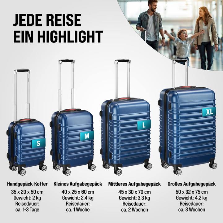 Produktbild Monzana Hartschalenkoffer 4er Set mit Zubehör (120 l, Handgepäck (bis 50l), M (50 - 90l), L (90 - 115l), XL (ab 115l))