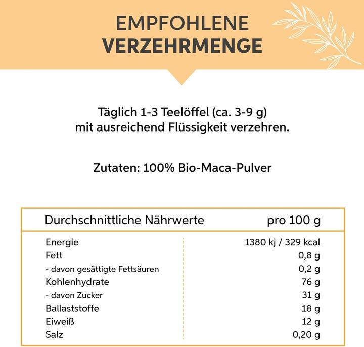 Valori nutrizionali e ingredienti Eltabia Polvere di maca biologica | Polvere di maca premium dal Perù (Polvere, 200 g)