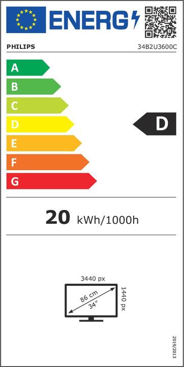 Energie-Label Philips 86,4cm (34,0") 34B2U3600C 21:09 HDMI+DP+USB-C black (3440 x 1440 Pixel, 34")