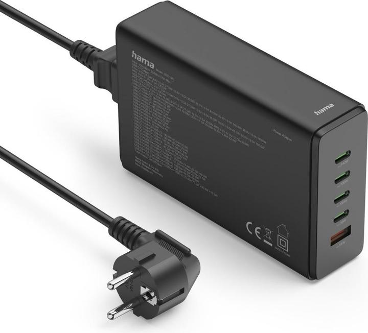 Productafbeelding Hama Laadstation 5 poorten, GaN, snellader, 4xUSB-C, 1xUSB-A, PD, 240 W, SW (240 W)