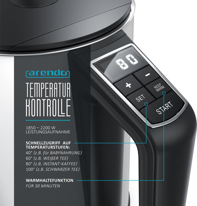 Actual product image Arendo Stainless steel kettle 1.5 l 2200 W, double wall, temperature selection 40 - 100°C with display (1.50 l)