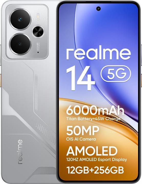 Produktbild realme 14 5G Dual Sim 12GB RAM 256GB - Mecha Silver (256 GB, Mecha Silver, 6.67", Dual SIM, 50 Mpx, 5G)