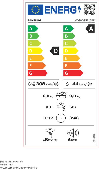 Energy Label Samsung WD90DG5B15BEET Washer-dryer Crystal WiFi 96Kg AI