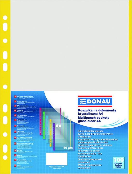 Donau Dokumentenmappen, PP, A4, Kristall, 40 Mikron, farbiger Rand – gelb, 100 Stk. (A4, 100 x)