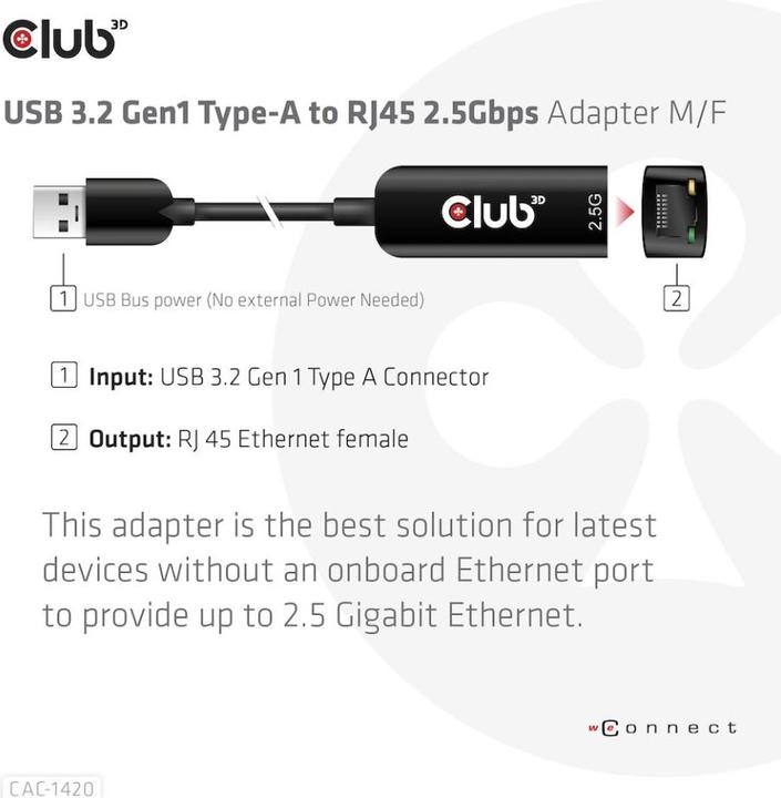 Produktbild Club 3D USB 3.2 Gen1 Typ A auf RJ45 (USB-C 3.2 Gen 1, RJ45 (1x))
