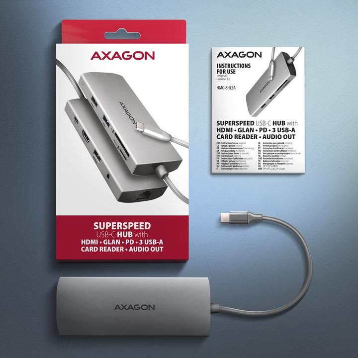 Produktbild Axagon HMC-8HLSA Wieloportowy hub USB-C 3.2 Gen 1 hub, 3x USB-A + 4K/30Hz HDMI + SD/microSD, GLAN, Audio (USB-C, 8 Ports)