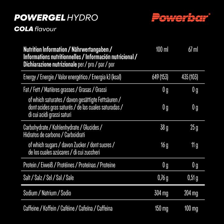 Valori nutrizionali e ingredienti Powerbar PowerGel Hydro (Caffeina, Cola, 24 pz., 1850 g)