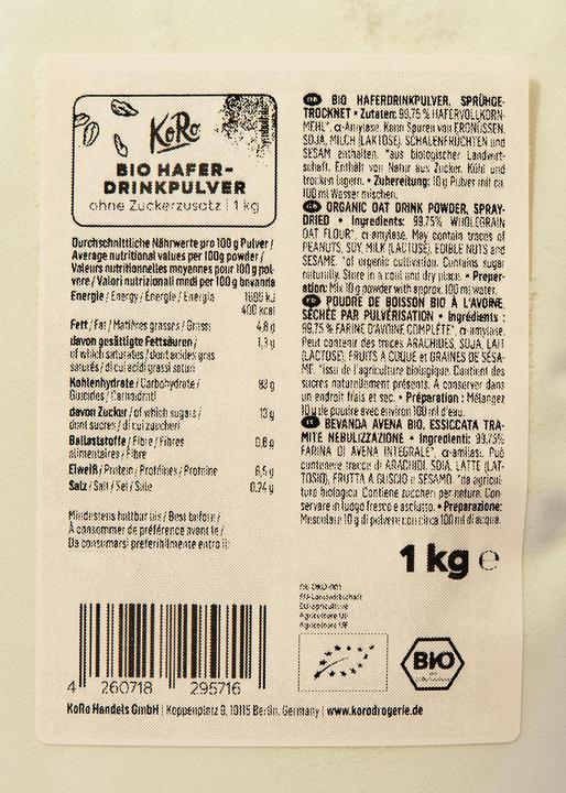 Nutritional values and ingredients KoRo Organic oat drink powder, spray-dried