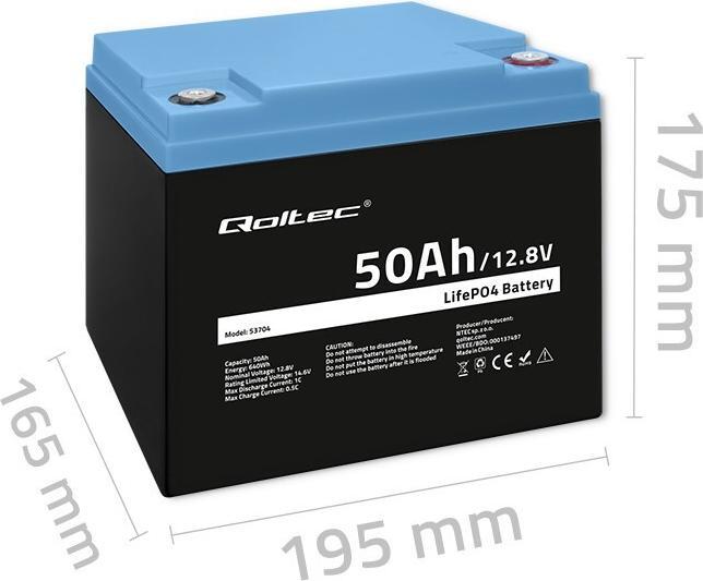 Actual product image Qoltec 53704 LiFePO4 lithium iron phosphate battery | 12 8V | 50Ah | 640Wh | BMS (12.80 V, 50 Ah)