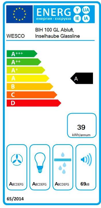 Energie-Label Berbel Inselhaube Glassline BIH 100 GL Abluft (4011584-000) (Inselhaube)