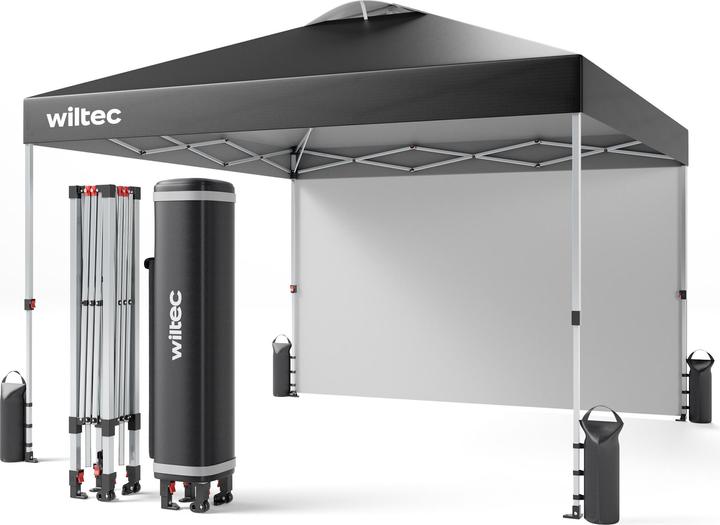 Produktbild Wiltec Pop up Pavillon 3x3m grau Seitenteil Räder Gartenpavillon Faltpavillon (300 cm, 300 cm)