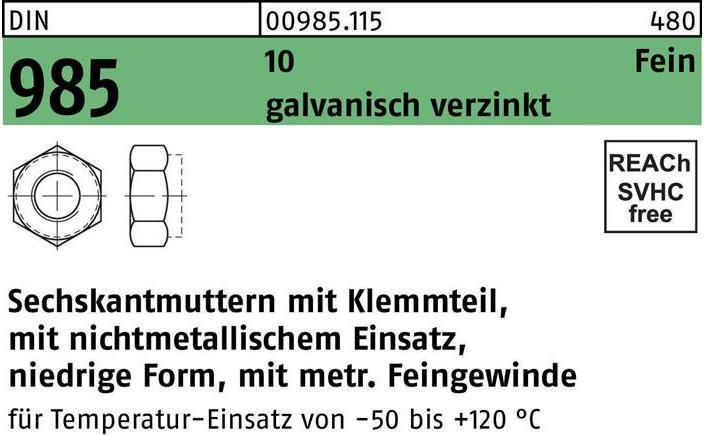 Actual product image Hexagon nut DIN 985 with clamping part M 20 x 1.5 10 galvanised