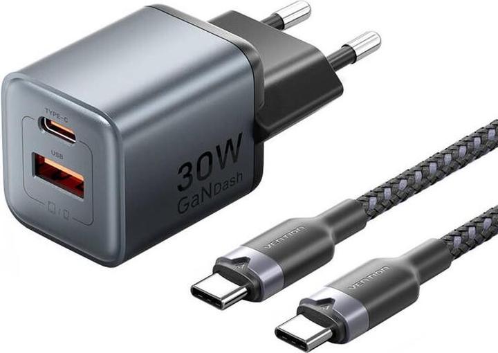 Image du produit Vention GaN USB-C+A 30W Charger + USB-C-C Cable 1m (Gray) (30 W)