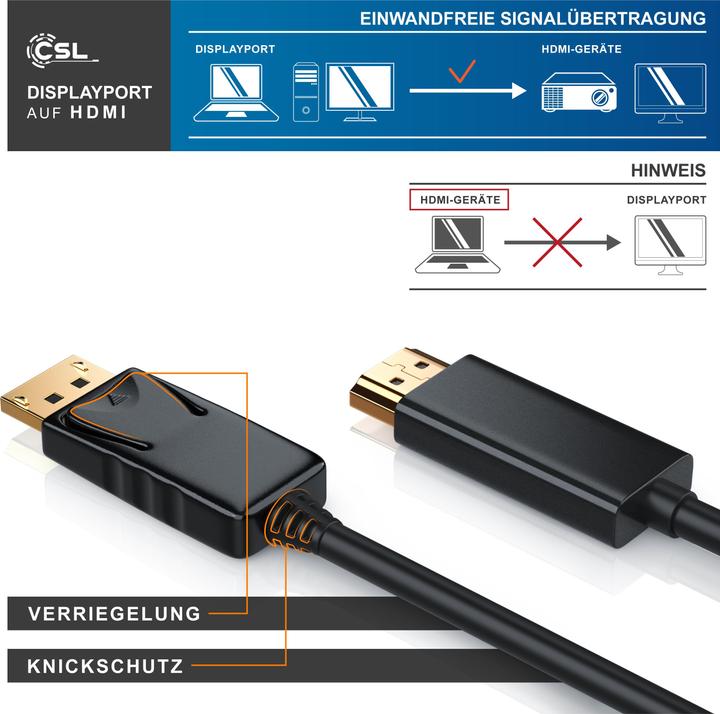 Actual product image CSL DisplayPort to HDMI cable - DP to HDMI - High Speed incl. audio transmission | 1080p Full HD (5 m, DisplayPort, HDMI)