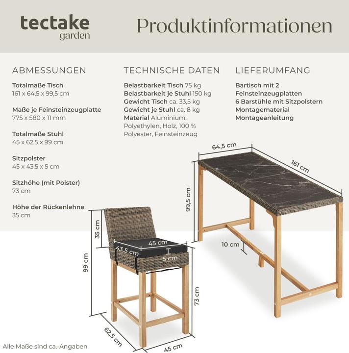Produktbild tectake Rattan Bartisch Lovas mit 6 Stühlen Latina (161 cm)