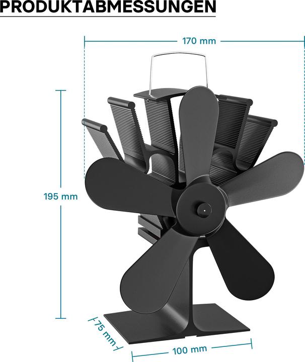 Actual product image Wiltec Kaminofen Ventilator 5 Flügel stromlos Kaminventilator Ofenventilator (17 x 10.5 x 19.5 cm)