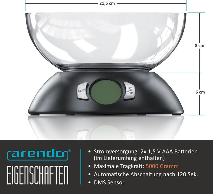 Produktbild Arendo Küchenwaage mit grosser Schale, bis 5000g, LCD Display, Tara, Auto Off, digital Küchen Waage