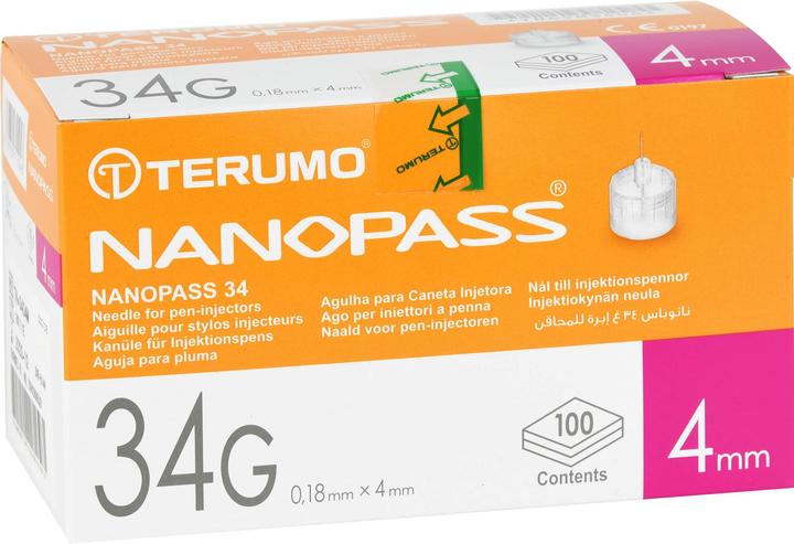 Actual product image Terumo NANOPASS 34 pen needle 34G 0.18X4mm, 100 pcs KAN
