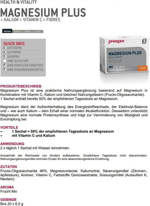 Nutritional values and ingredients Sponser Magnesium Plus (Multifruit, 20 pcs., 130 g)