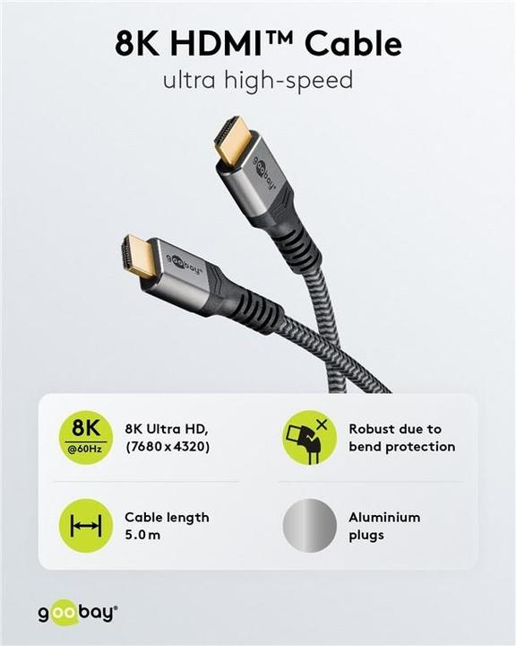 Productafbeelding Goobay Ultra High-Speed HDMI-kabel, 5 m, Haaienhuid Grijs (5 m, HDMI)