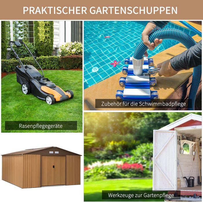 Produktbild Swisshandel24 Gerätehaus mit Bodenplatte Geräteschuppen Gartenhaus Garten Schuppen Metall Braun 340 x 386 x 200 cm