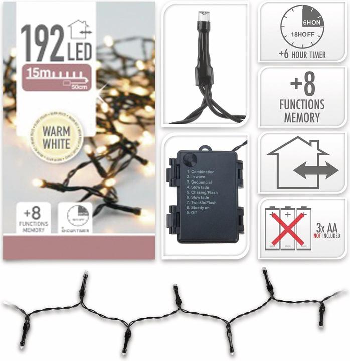 Productafbeelding Nampook ŁAŃCUCH LED 192L CIEPŁY na baterie 14,5m +8FUNKCJI,TIMER 3x AA 1,5V (14.50 m)