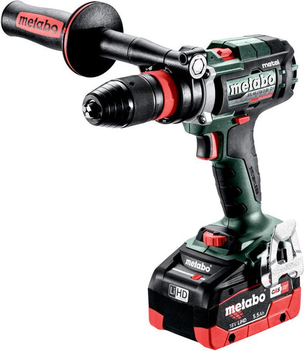 Futuro Top "QuickPlus" quick-change drill chuck, additional handle, hook spanner, 2 LiHD battery packs (18 V/5.5 Ah), ASC 145 "AIR COOLED" quick charger, metaBOX 145 L