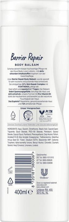 Immagine prodotto Dove Body Love Barrier Repair Balsamo per il corpo per pelli molto secche con 22% Skin Repair Complex e (Crema corpo, 400 ml)