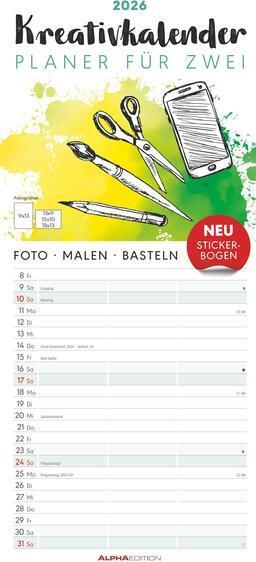 Immagine prodotto Alpha Edition Kreativ-Kalender Planer für 2 2026 - 3 Spalten - 19,5x45 cm - Foto, Malen, Basteln - datiert - (Tedesco)