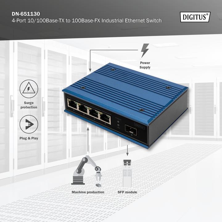 Actual product image Digitus 4-Port 10/100Base-TX to 100Base-FX Industrial Ethernet Switch (4 Ports)
