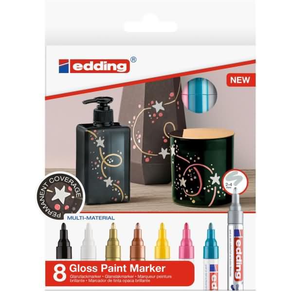 Image du produit Edding Marqueur à peinture brillante (Jaune, Golden, Argenté, Bleu clair, Rose, Blanc, Noir, Cuivre, 4 mm, 8 x)