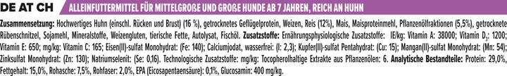 Nährwerte und Zutaten Pro Plan Dog Medium & Large Adult 7+ Huhn (Adult, 1 Stk., 14000 g)