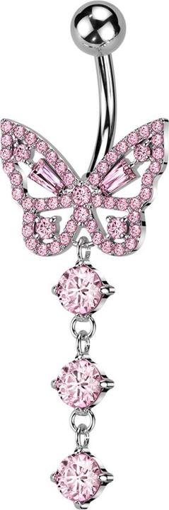 Image du produit Star Piercing Banane argentée avec boule et papillon pendentif chaîne avec trois cristaux roses (Laiton, Acier chirurgical 316L)