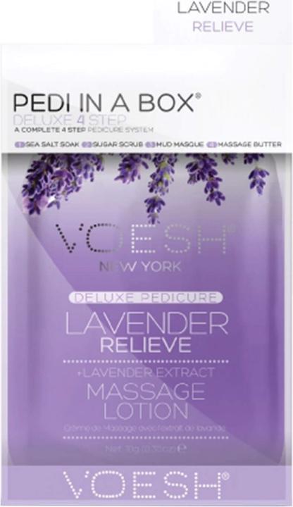 Produktbild Voesh Pedi In A Box Deluxe 4 Step Lavender Relieve (Fusscrème & Fussgel, Fussmaske, Fussbad)
