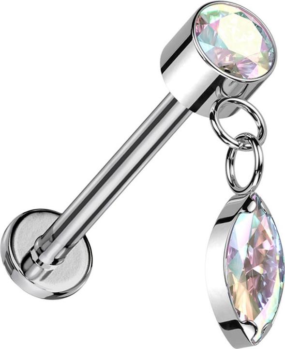 Immagine prodotto Hollywood Body Jewelry Micro Labret senza fili argento Cilindro argento Cristallo multicolore Ciondolo Cristallo ovale (senza ottone, Titanio G23)