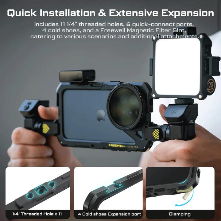Actual product image Freewell iPhone 16 Pro Genius Rig iPhone 16 Pro Genius Rig Cage, Tripod and Monopod Handles, Bluetooth Remote